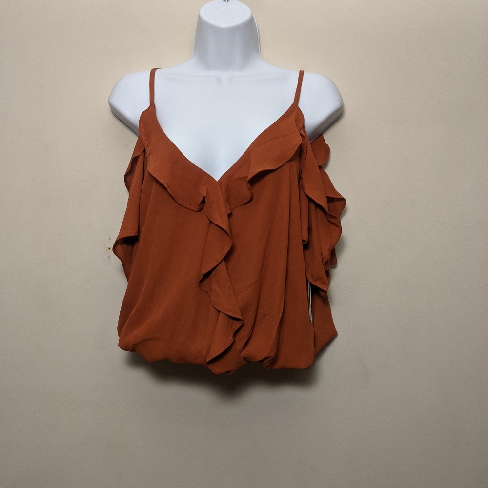 Moa Moa Rust Cold Shoulder Ruffled Spaghetti Stra… - image 1